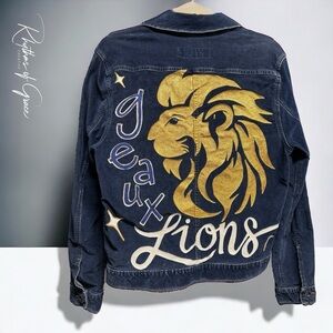 Calvin Klein Jeans Navy Blue Corduroy Jacket, Hand Painted “Geaux Lions” - Small